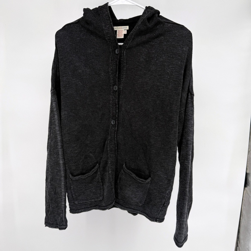 Carbon2Cobalt Men's Charcoal Gray Hooded Cardigan Sweater Button‎ Linen Cotton L